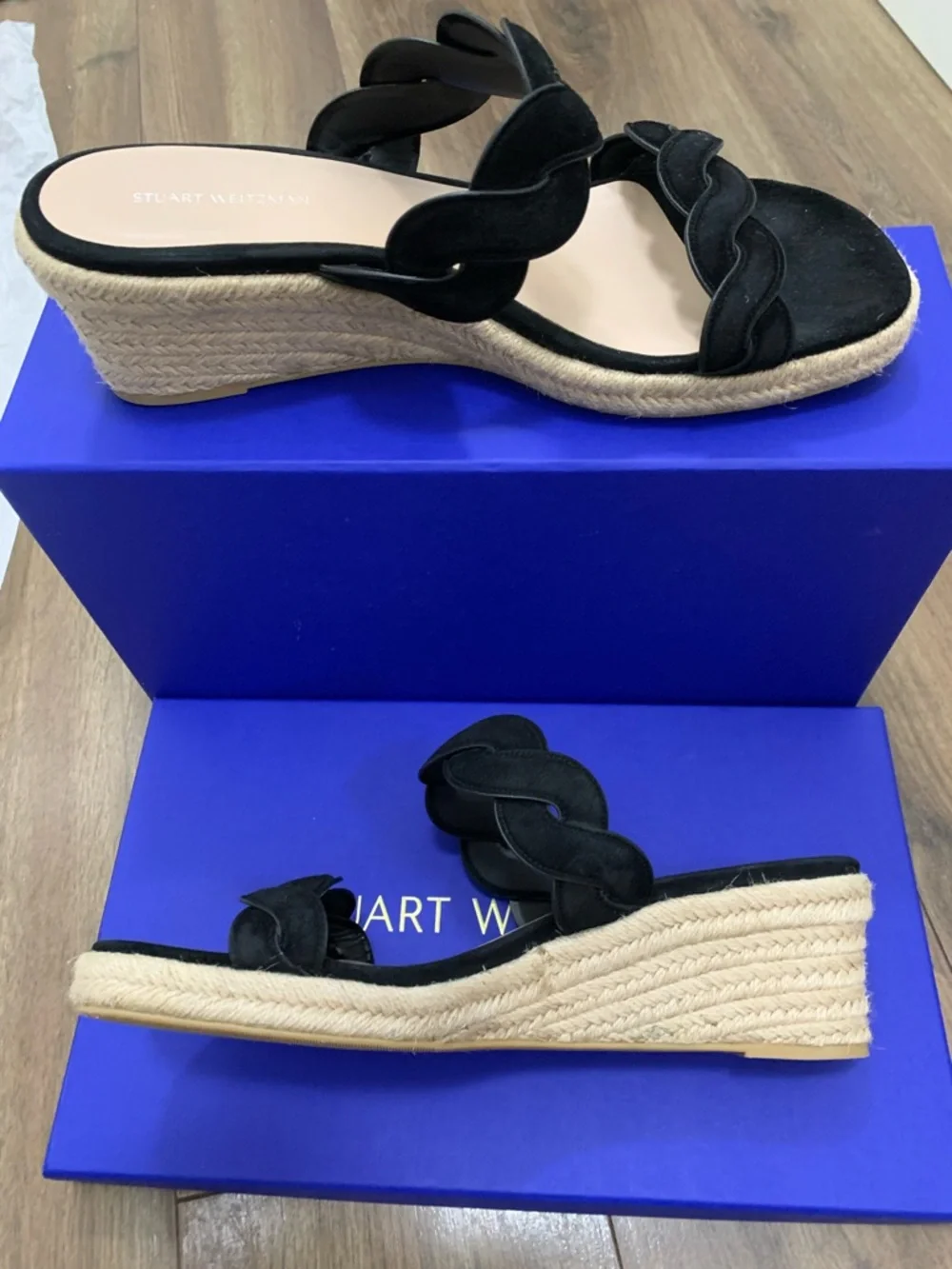 Stuart Weitzman women’s Black Twist Suede Espadrille Wedge Slide Sandal size 9.5 - Picture 8 of 14